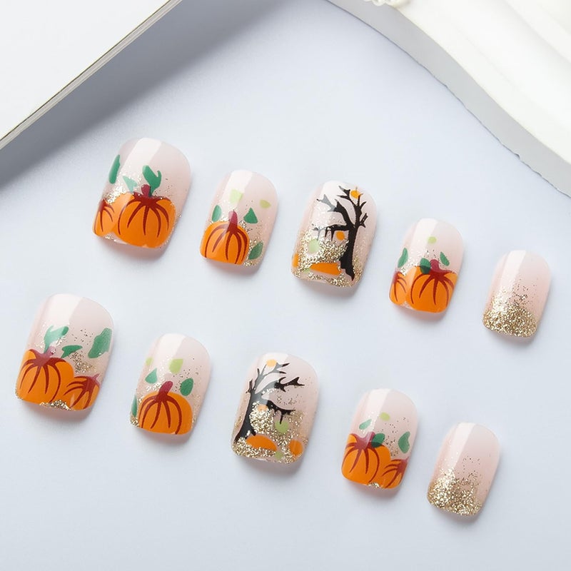 CJDLTS Thanksgiving Press on Nails Short Square Fall False Nail Pumpkin Glitter Sequins Pattern Acrylic Fingernails Full Cover Glossy Festival Stick on Nail Press Ons Reusable Autumn Glue on Nails for Women - Image 2
